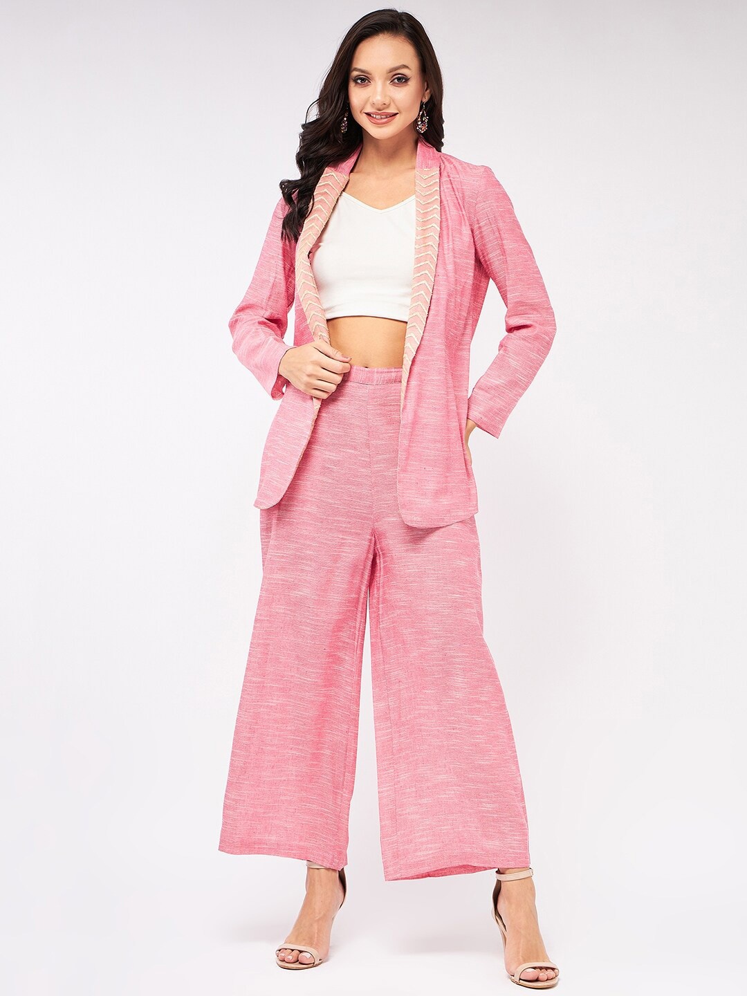 

Zima Leto Self Design Shawl Collar Coat With Trousers, Pink