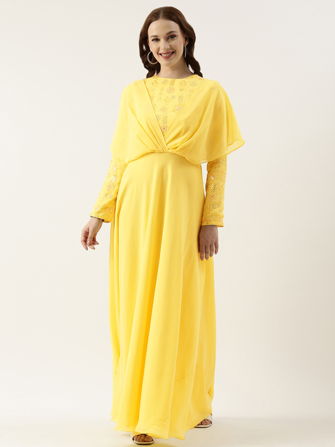 

Ethnovog Embellished Georgette Maxi Ethnic Dress, Yellow