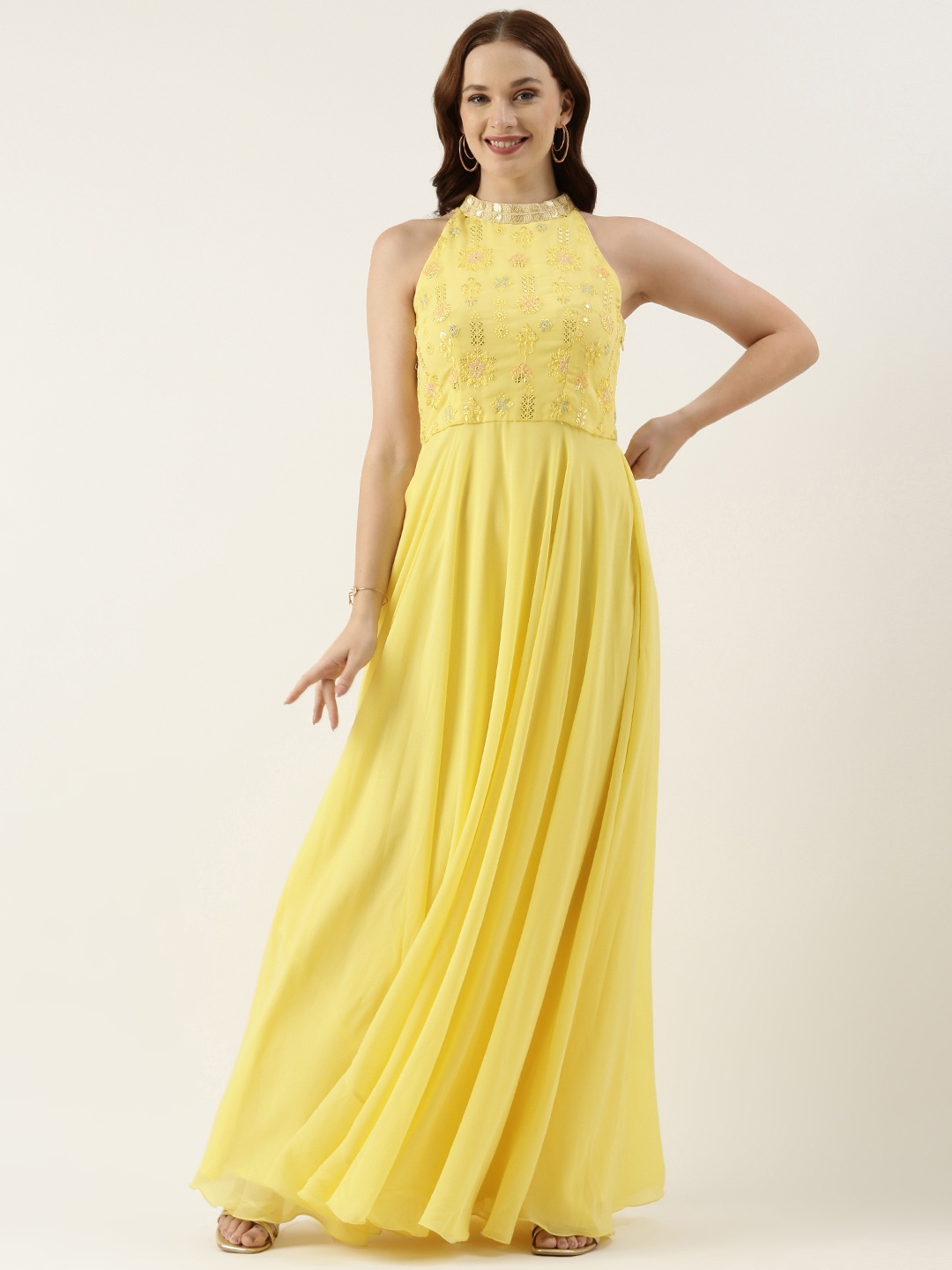 

Ethnovog High Neck Georgette Sequined Gown, Yellow