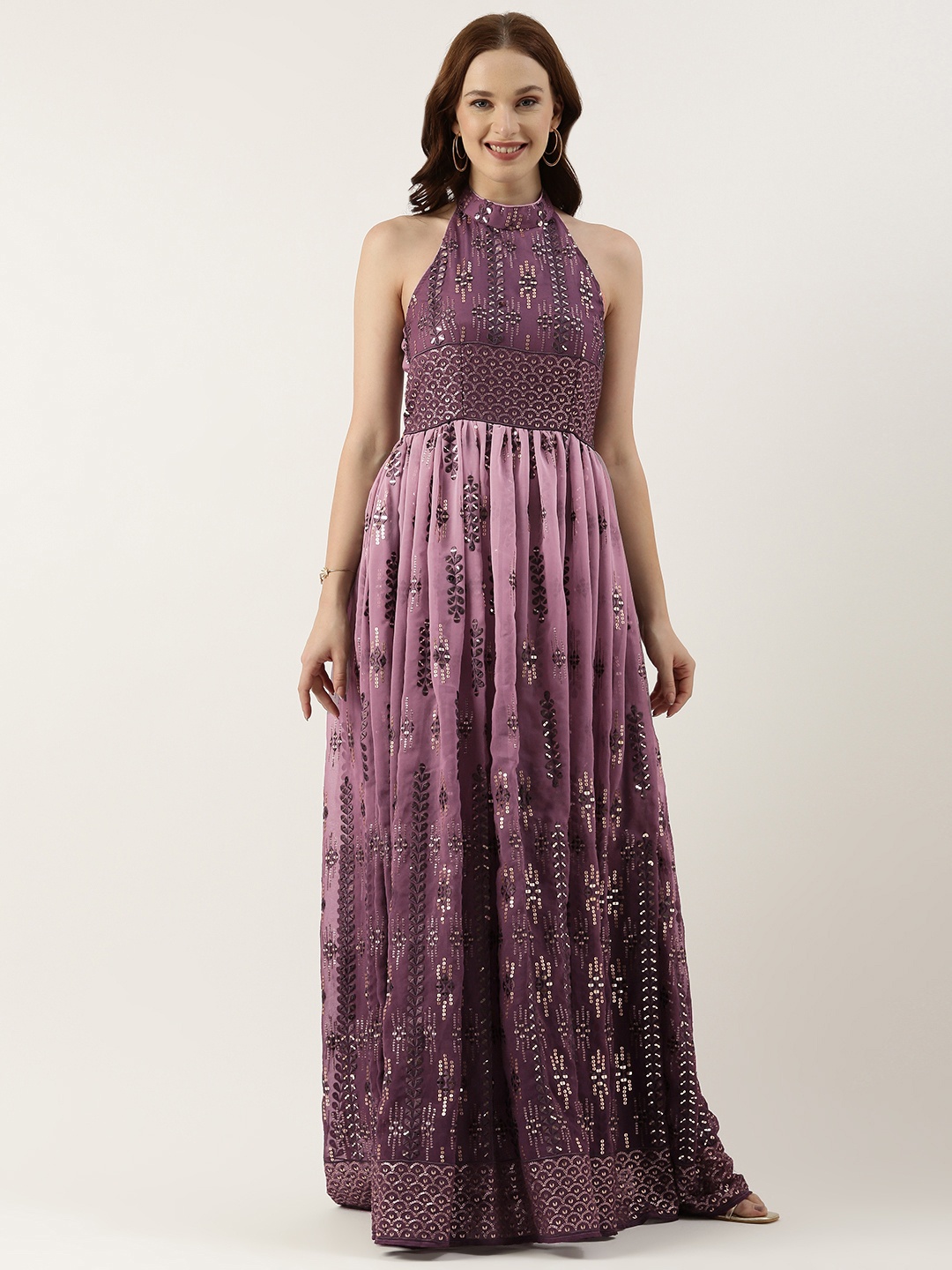 

Ethnovog Embellished Embroidered Halter Neck Georgette Maxi Dress, Purple