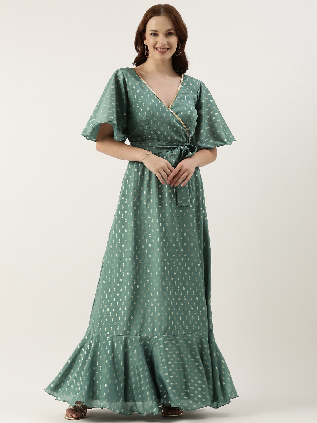 

Ethnovog Ethnic Motifs Print Flared Sleeve Maxi Dress, Green