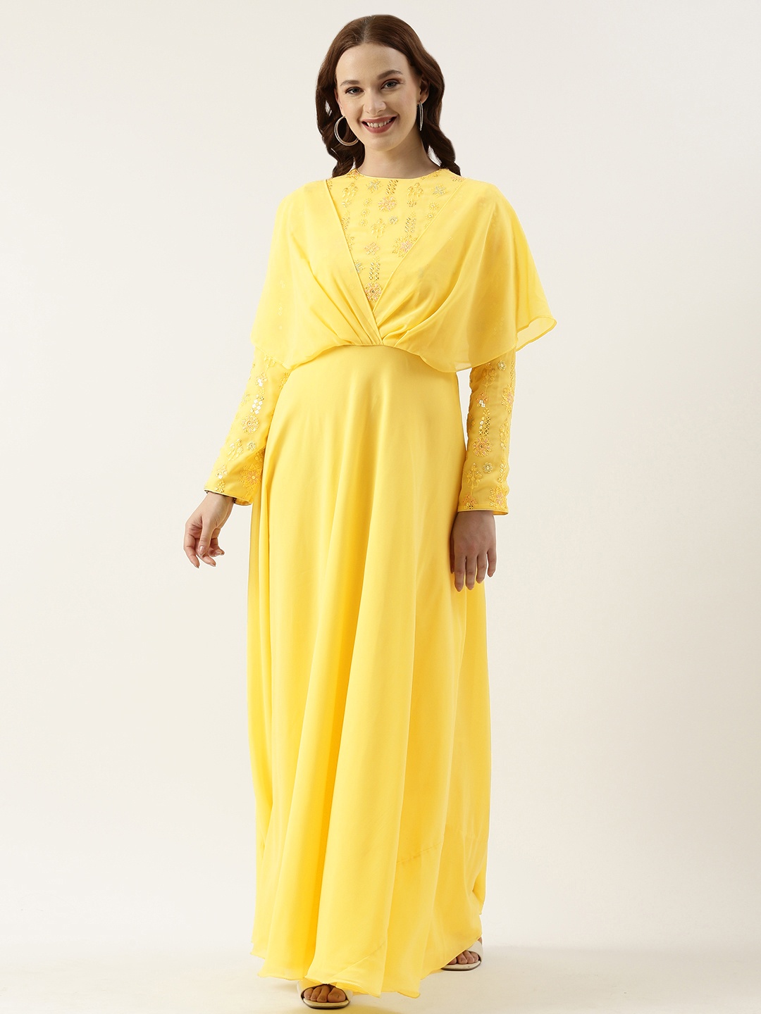

Ethnovog Floral Embroidered Georgette Maxi Dress, Yellow