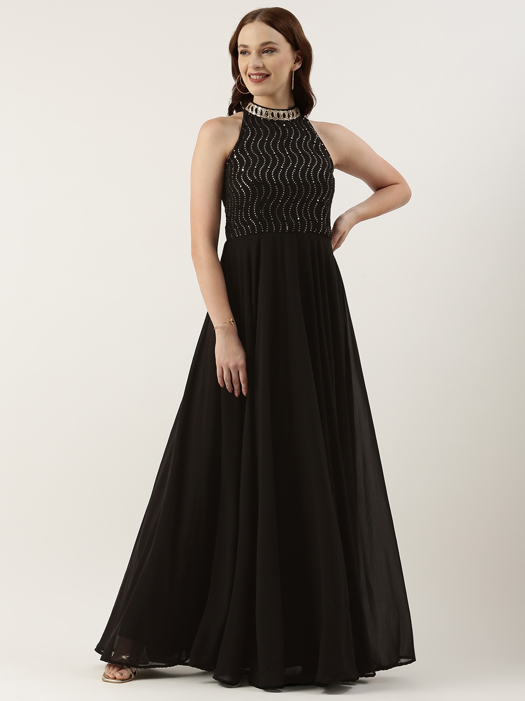 

Ethnovog Embellished Halter Neck Georgette Maxi Dress, Black