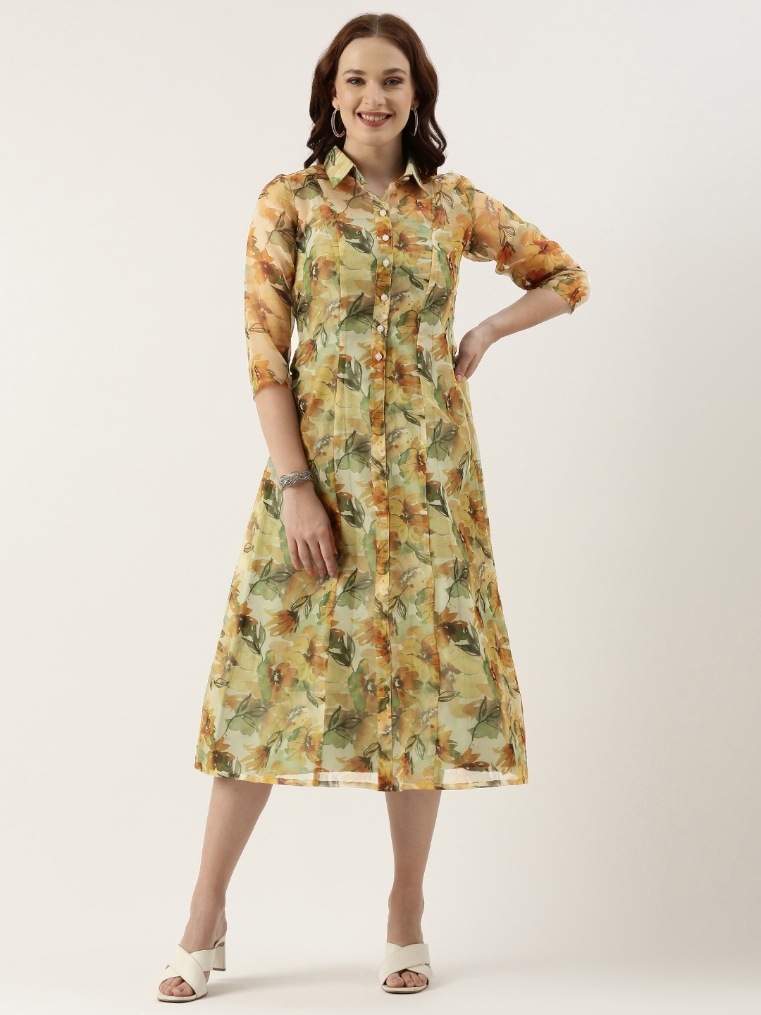 

Ethnovog Floral Print Shirt Midi Dress, Yellow