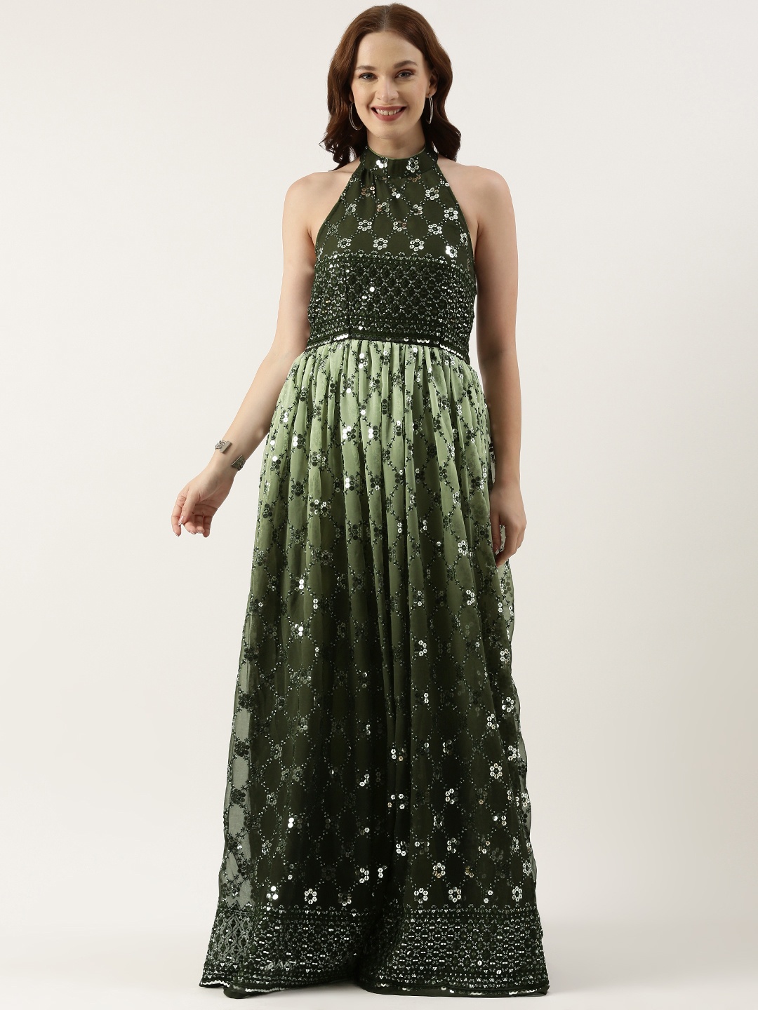 

Ethnovog Embellished Embroidered Halter Neck Georgette Maxi Dress, Green