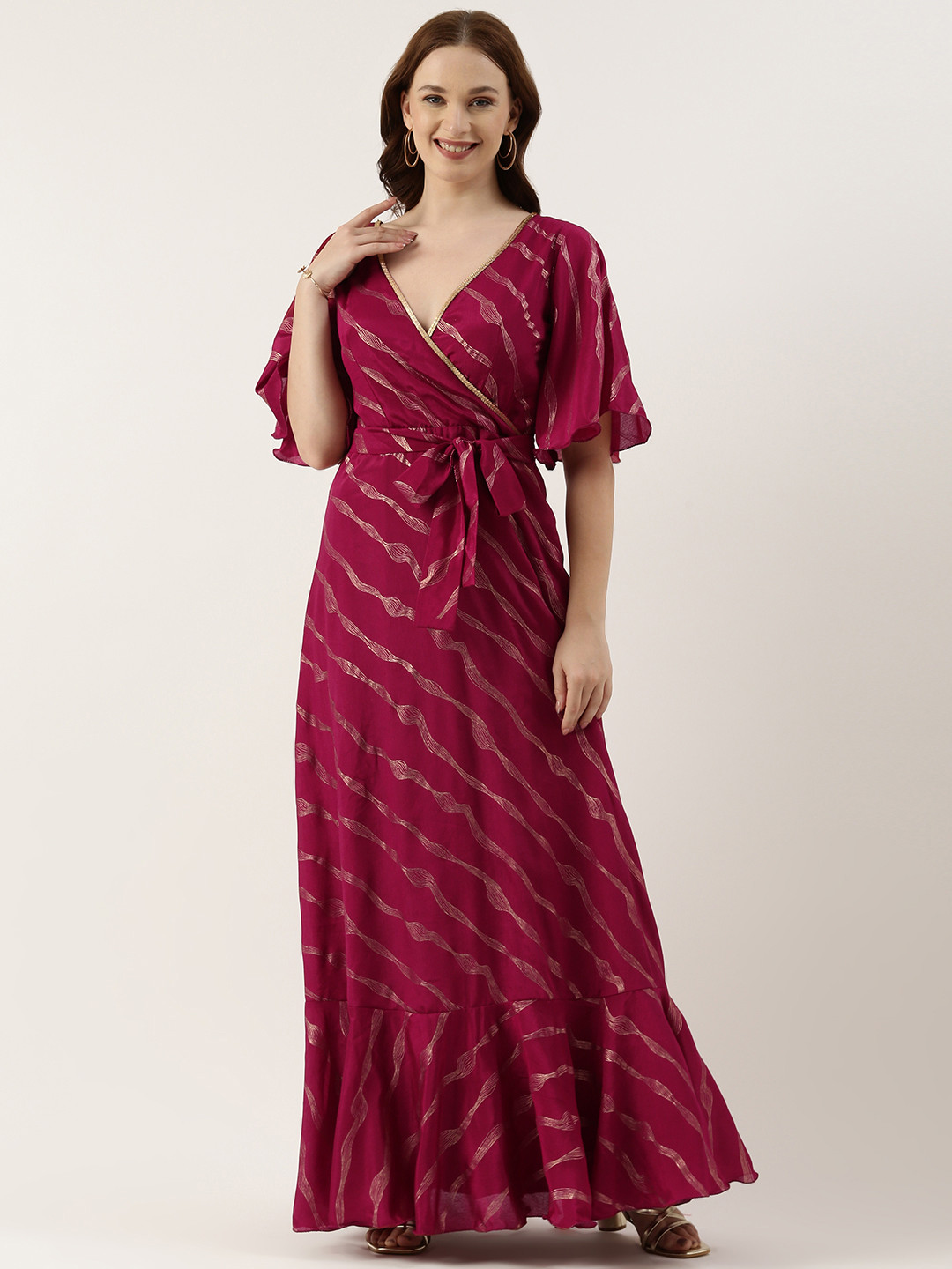 

Ethnovog Striped Flared Sleeve Maxi Dress, Red