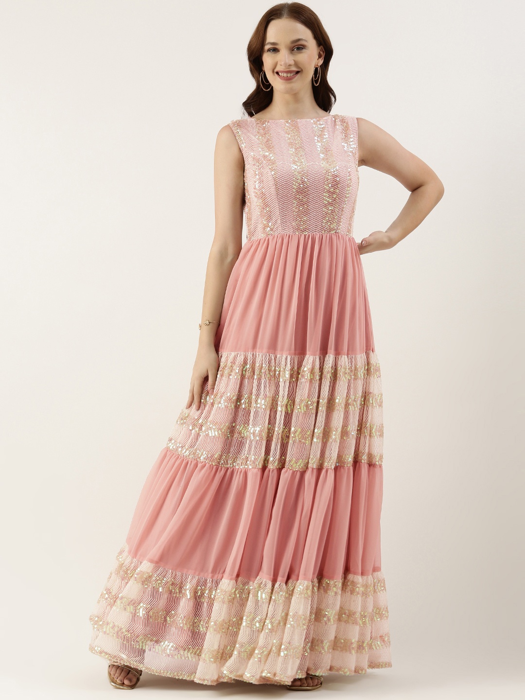 

Ethnovog Embellished Georgette Maxi Dress with Detachable Cancan, Pink