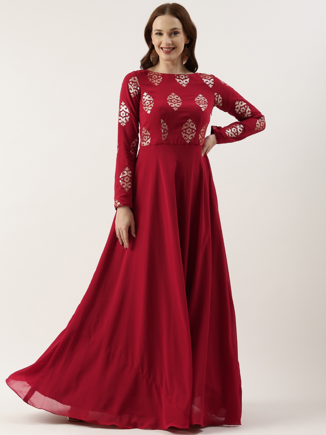 

Ethnovog Ethnic Motifs Georgette Maxi Dress with Detachable Cancan, Maroon
