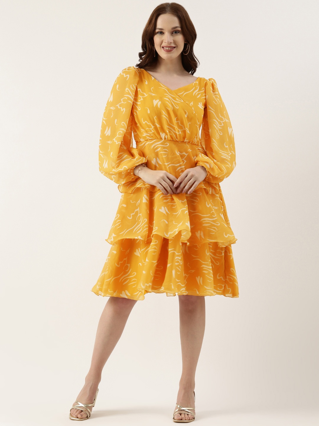 

Ethnovog Print Puff Sleeve Layered Georgette Dress, Mustard