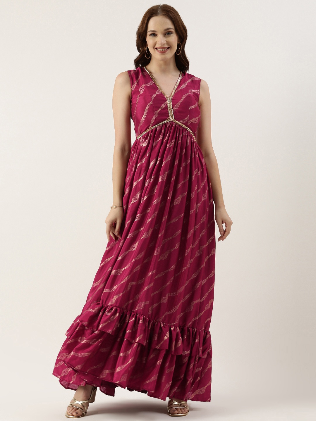 

Ethnovog Printed Pleated Ruffles Maxi Dress, Burgundy