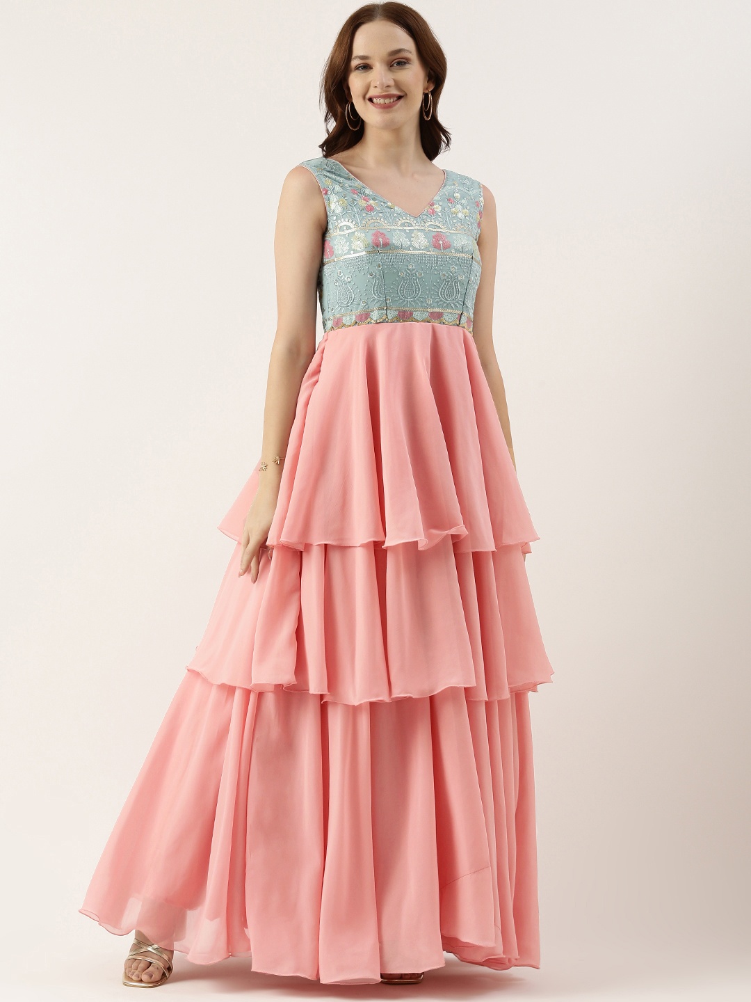 

Ethnovog Georgette Embroidered V-Neck Gown Dress, Pink