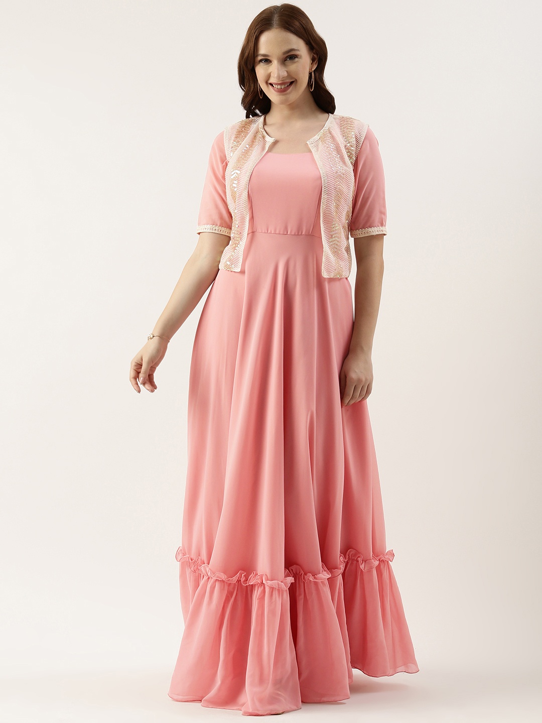 

Ethnovog Embellished Embroidered Georgette Maxi Dress, Pink