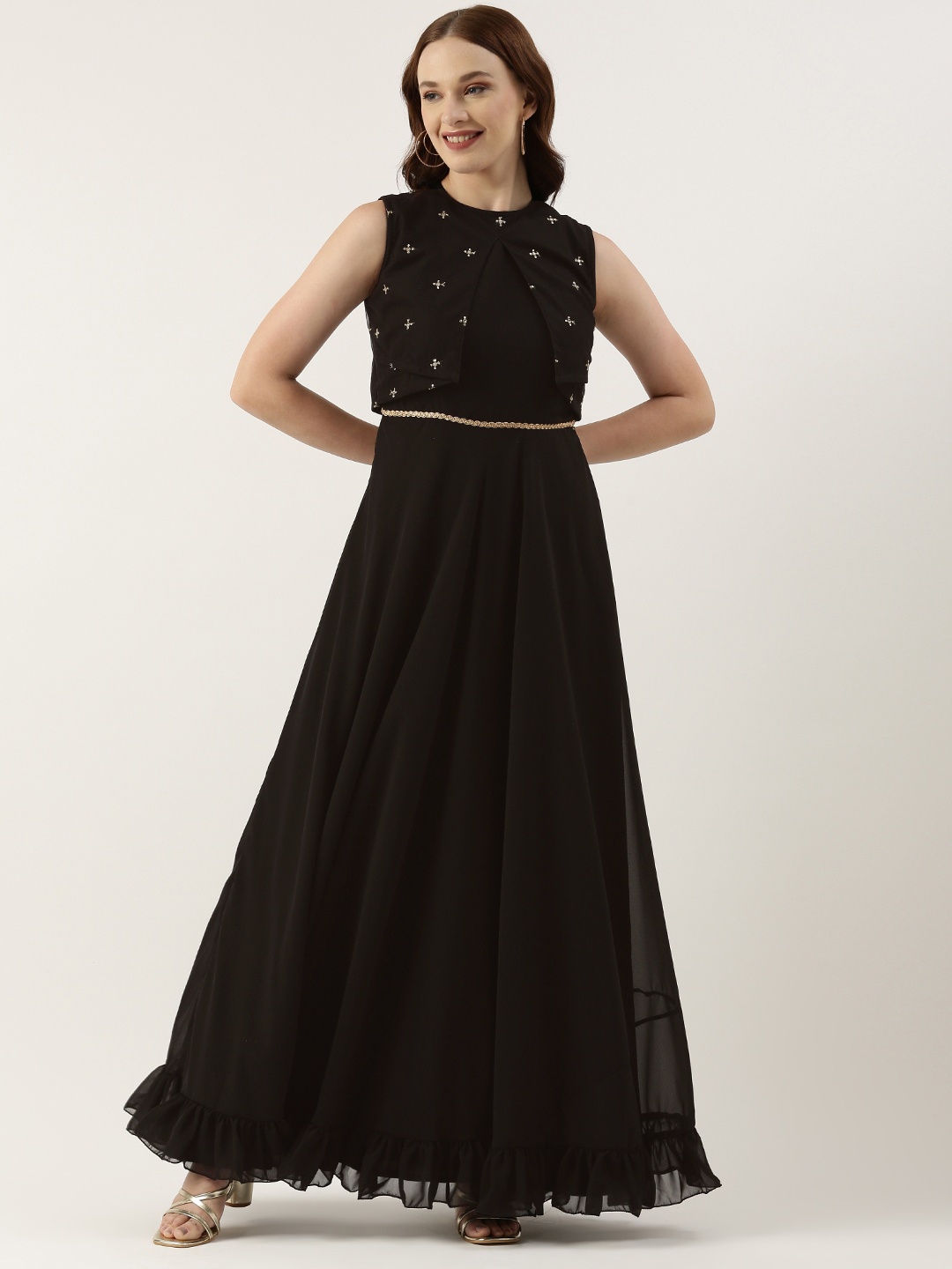 

Ethnovog Floral Embroidered Georgette Gown Dress, Black
