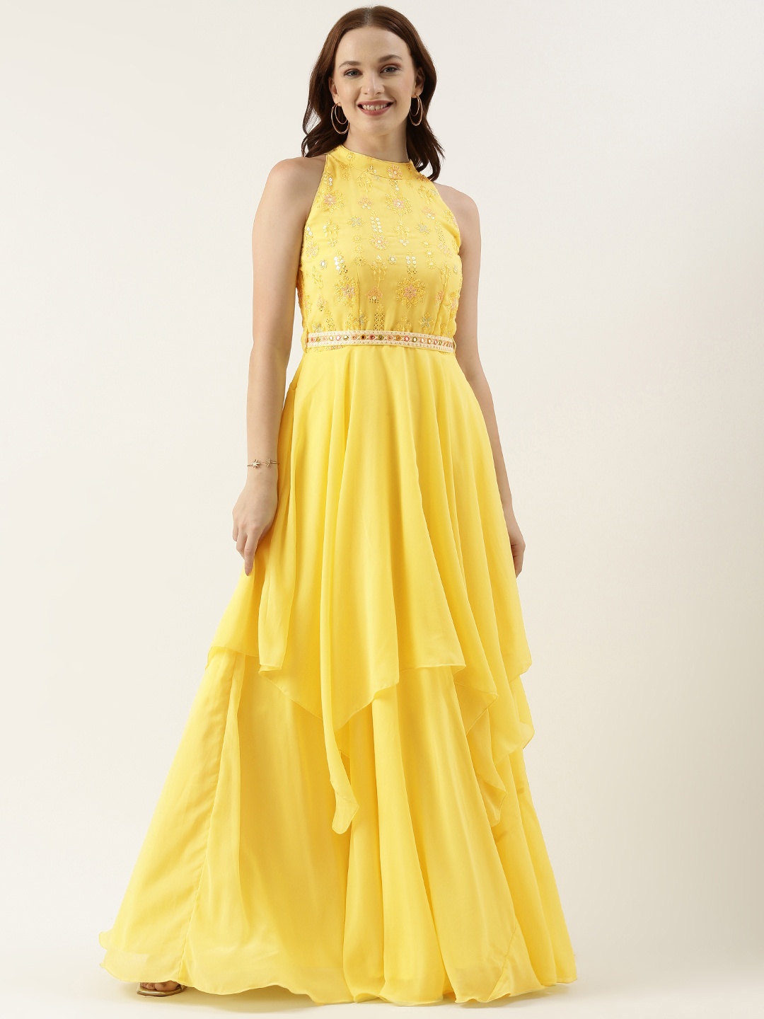 

Ethnovog Floral Embroidered Georgette Gown Dress with Detachable Cancan, Yellow