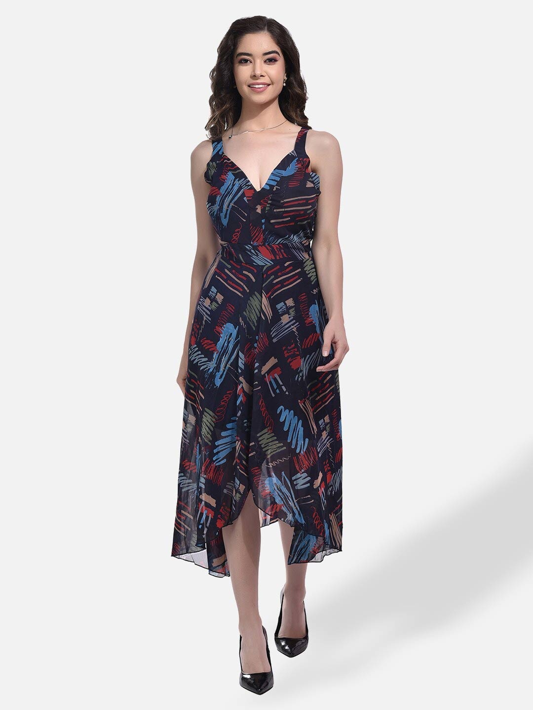 

StyFun Abstract Printed Asymmetric Midi Dress, Navy blue