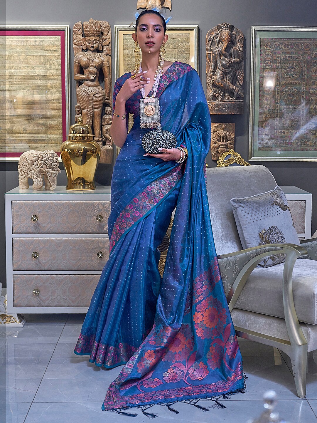 

Mitera Sequinned Embellished Zari Organza Saree, Blue