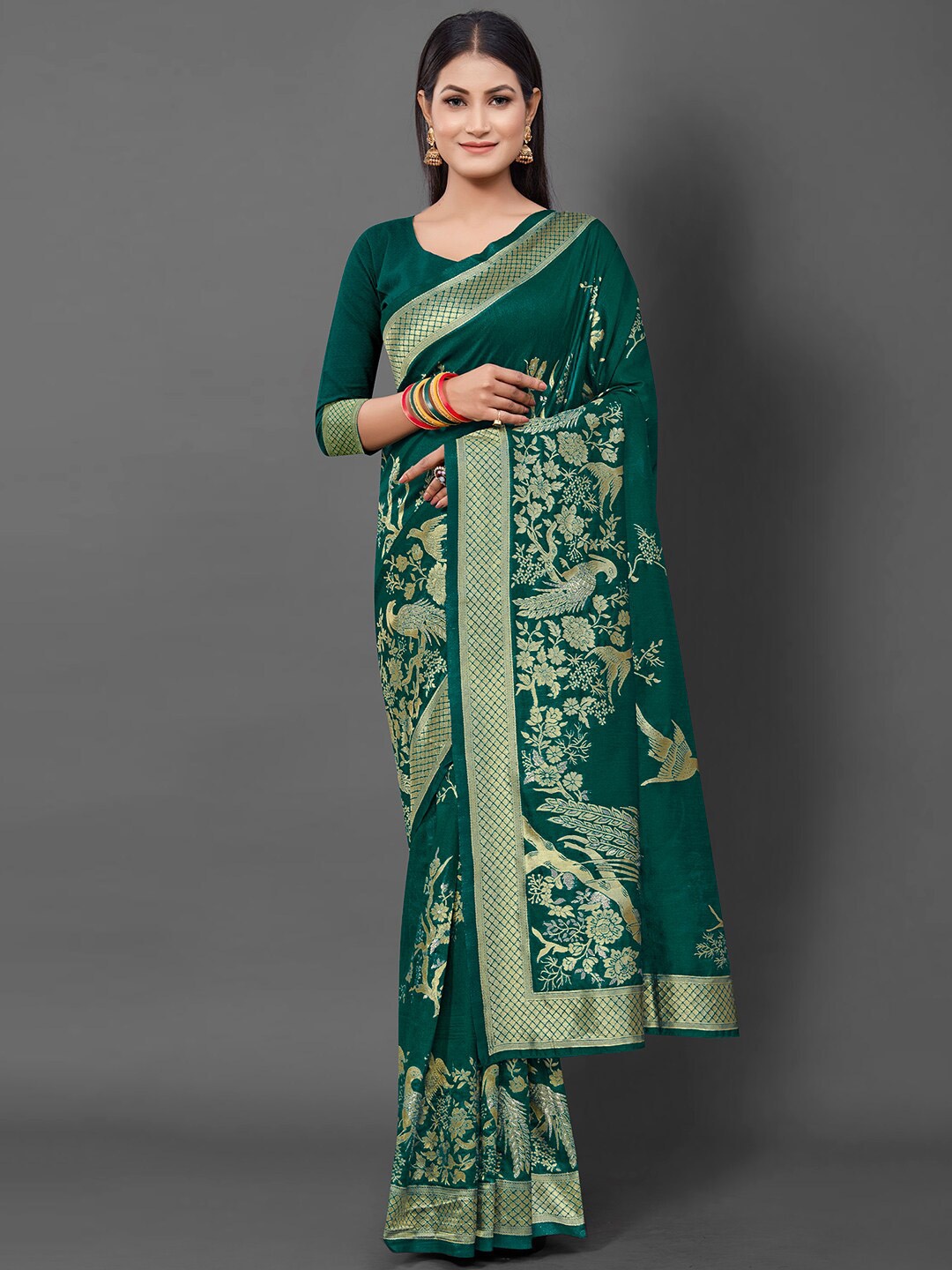 

Mitera Ethnic Motifs Woven Design Zari Silk Cotton Banarasi Saree, Teal