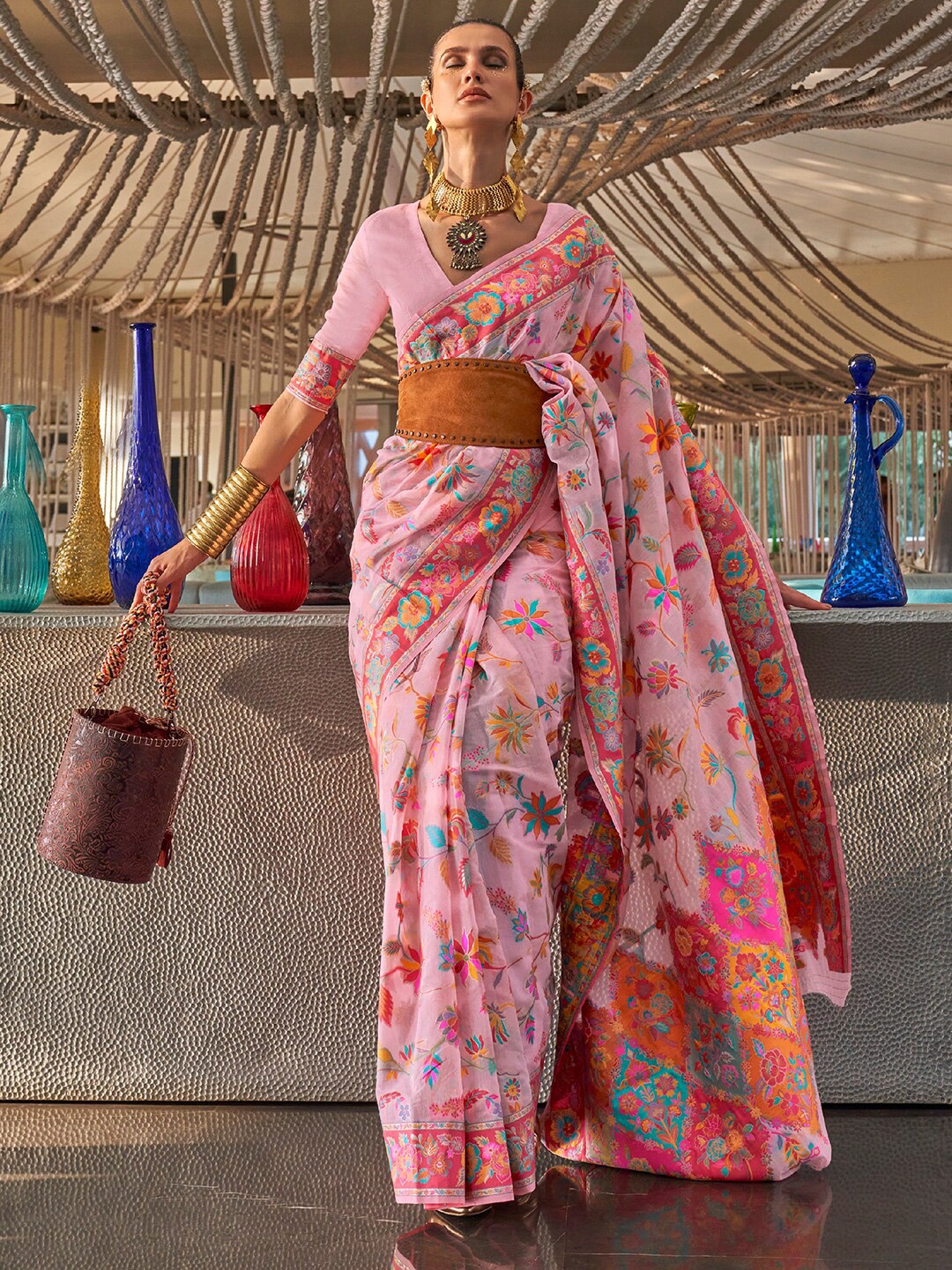 

Mitera Floral Woven Design Zari Silk Blend Banarasi Saree, Pink