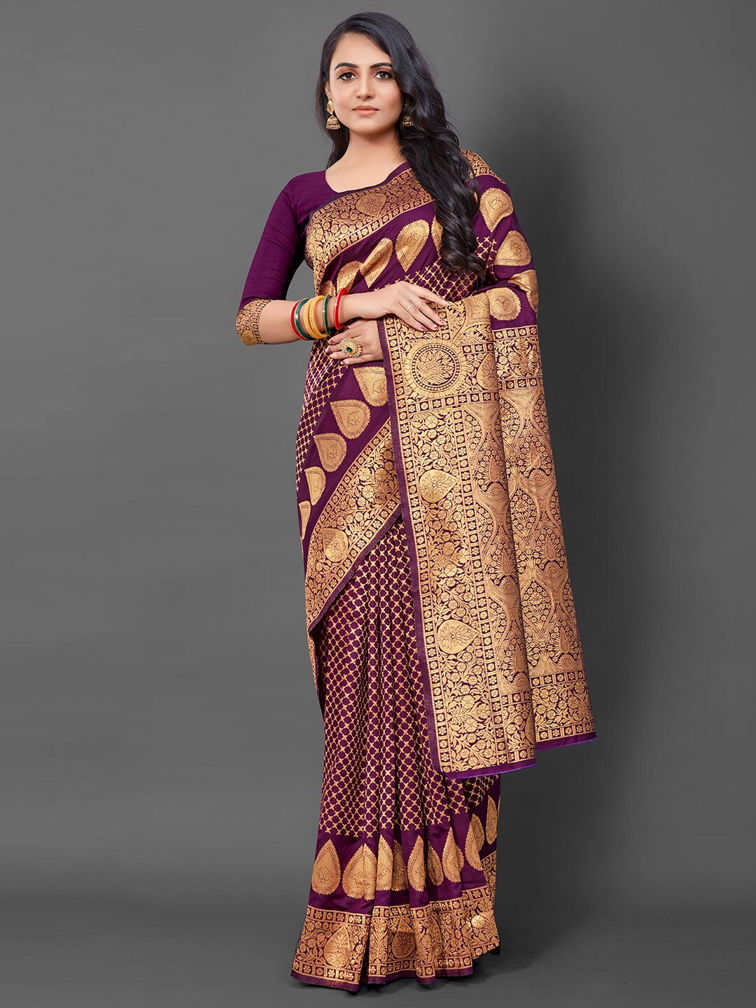 

Mitera Ethnic Motifs Woven Design Zari Silk Blend Banarasi Saree, Purple
