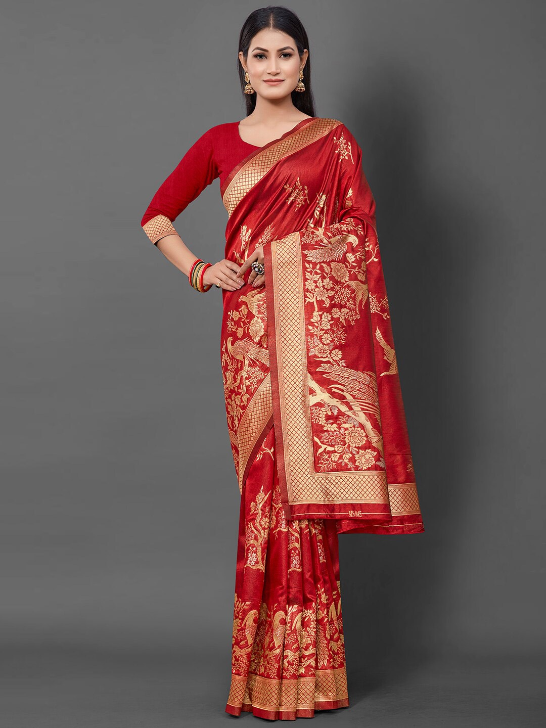 

Mitera Ethnic Motifs Woven Design Zari Silk Cotton Banarasi Saree, Red