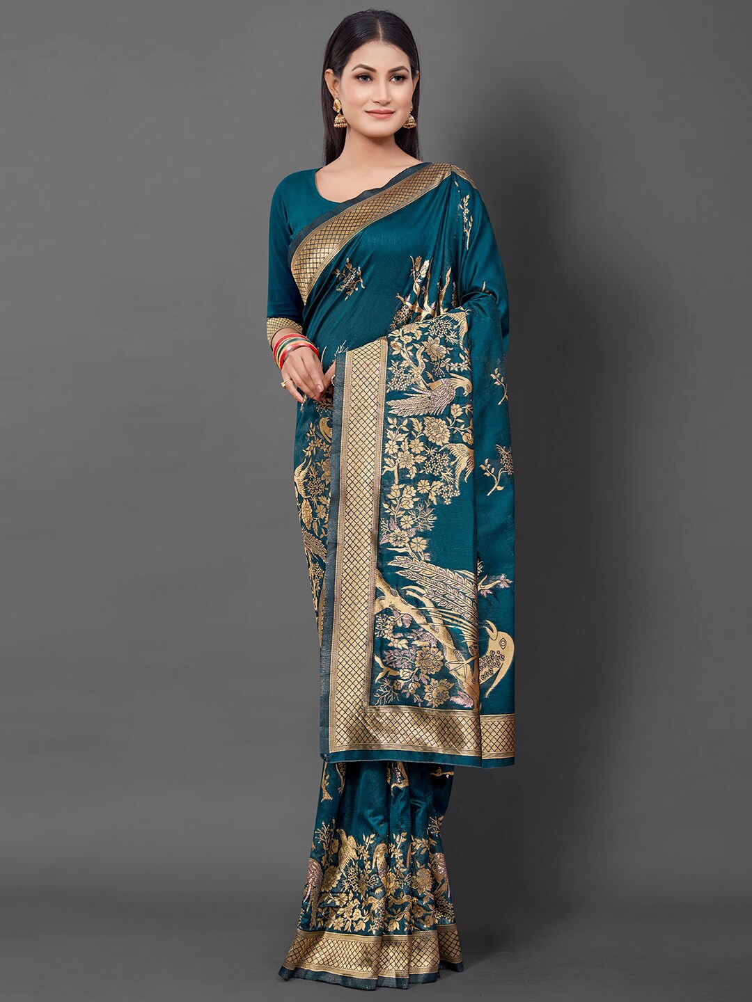 

Mitera Ethnic Motifs Woven Design Zari Silk Cotton Banarasi Saree, Teal