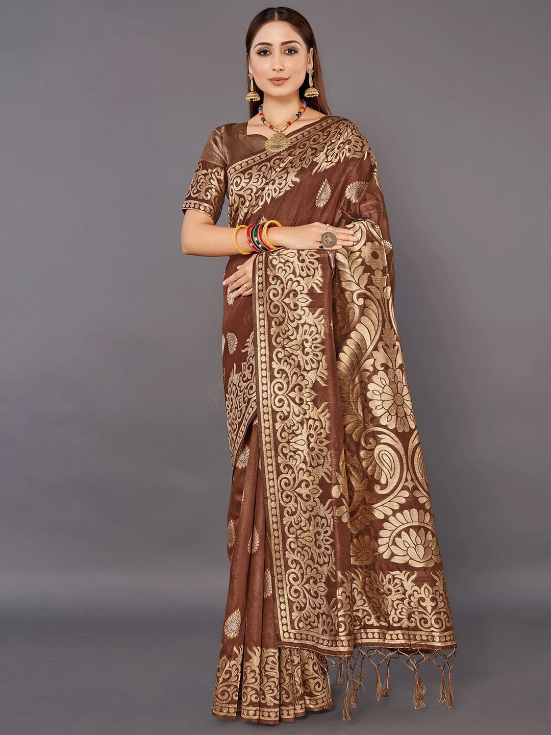 

Mitera Ethnic Motifs Woven Design Zari Silk Cotton Banarasi Saree, Brown