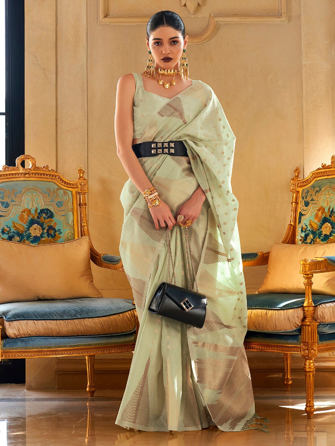 

Mitera Ethnic Motifs Woven Design Zari Tissue Banarasi Saree, Sea green