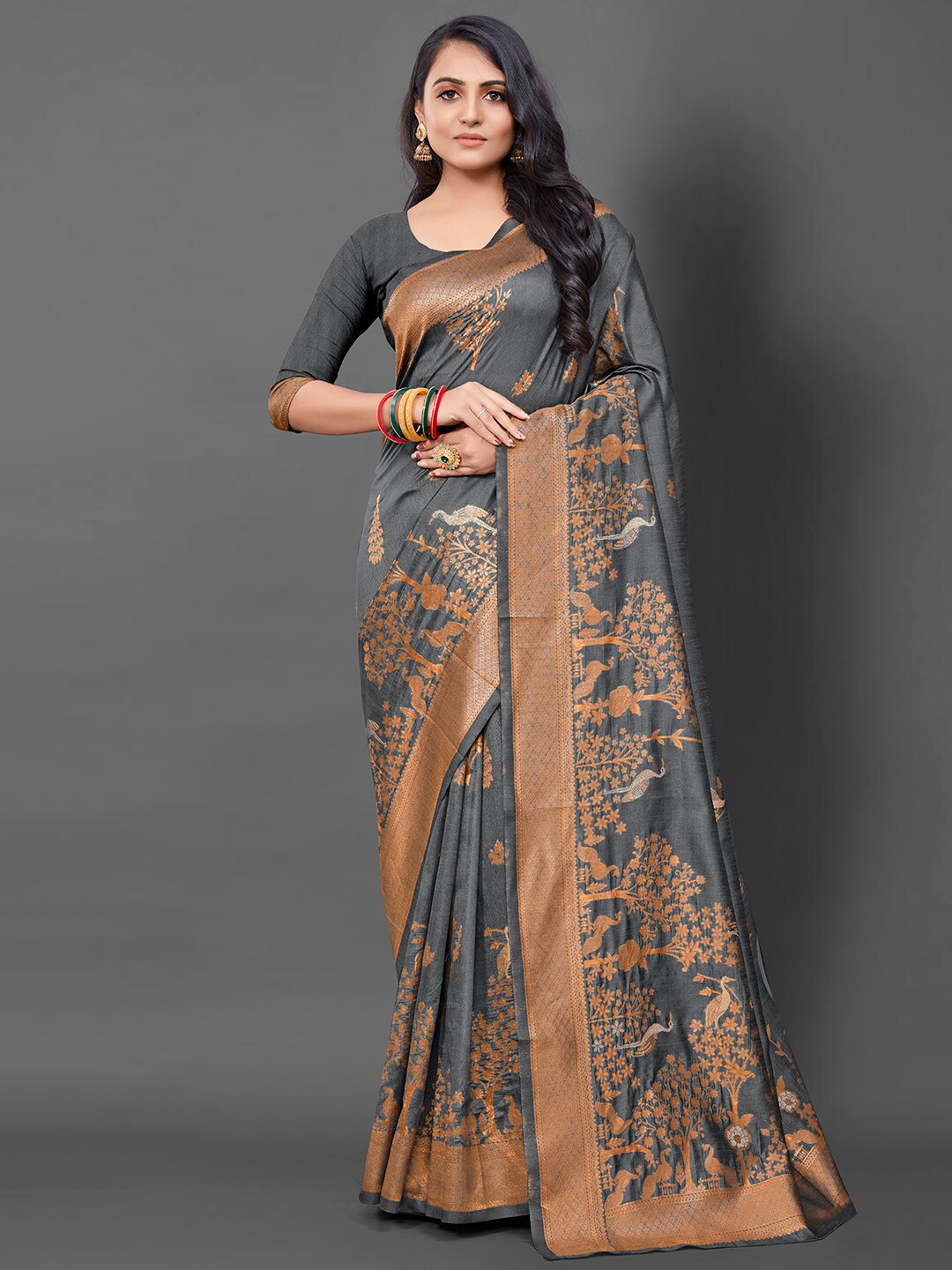 

Mitera Ethnic Motifs Woven Design Zari Silk Blend Banarasi Saree, Grey