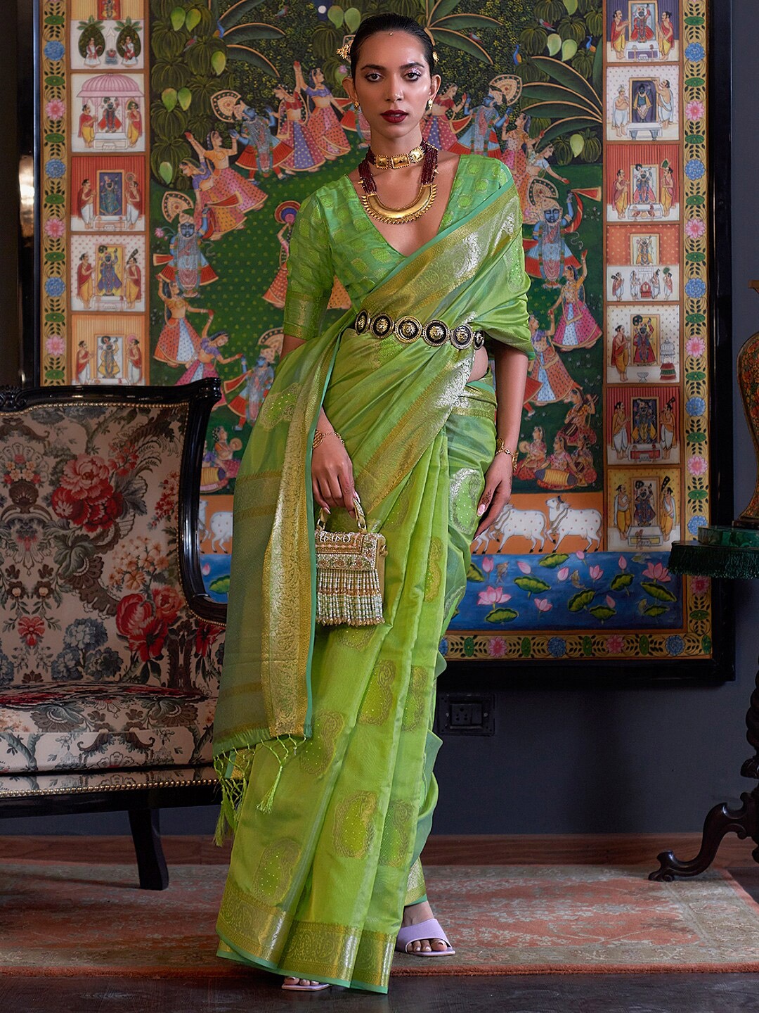 

Mitera Ethnic Motifs Woven Design Zari Organza Saree, Green