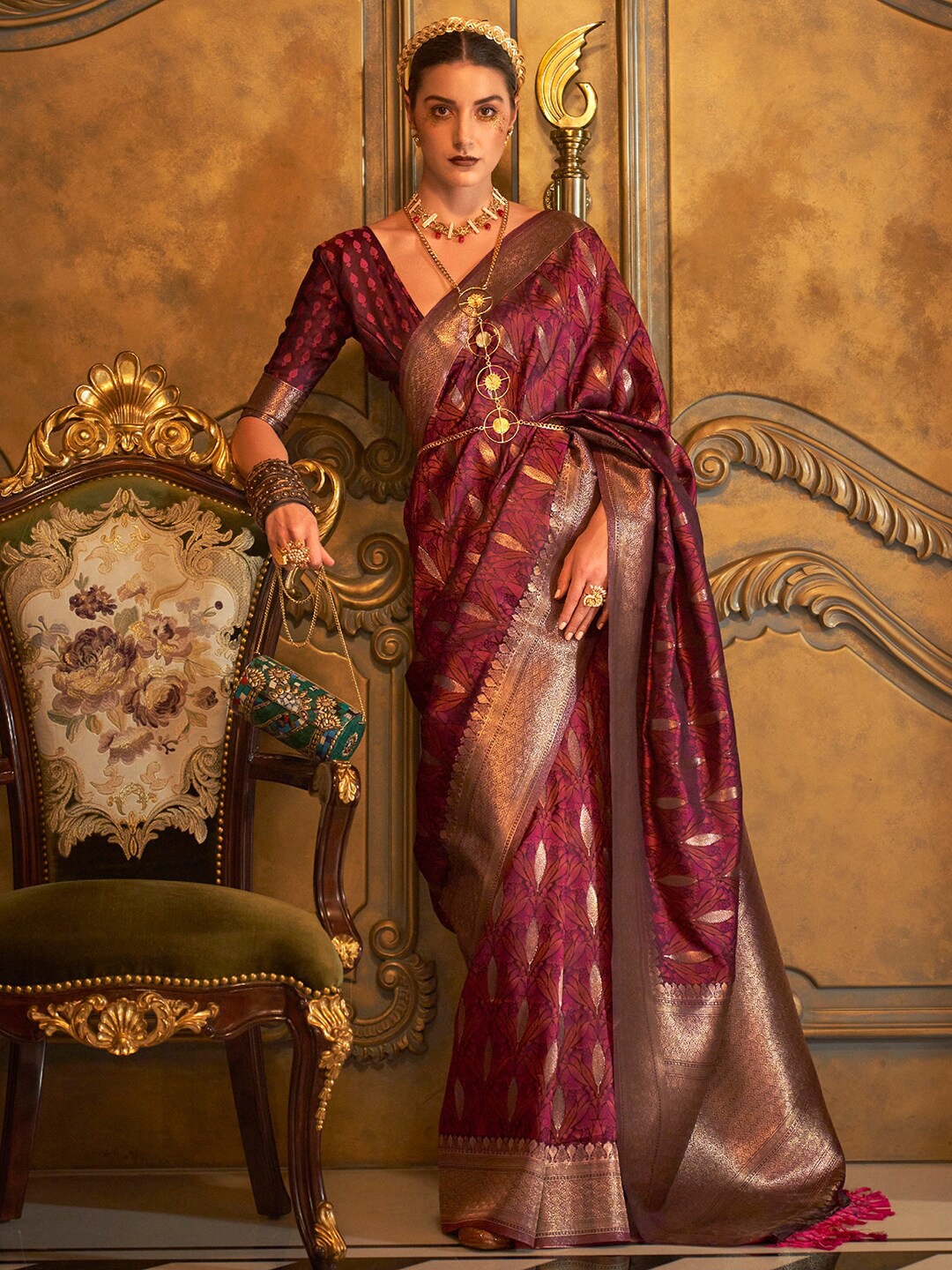 

Mitera Ethnic Motifs Woven Design Zari Silk Blend Banarasi Saree, Brown