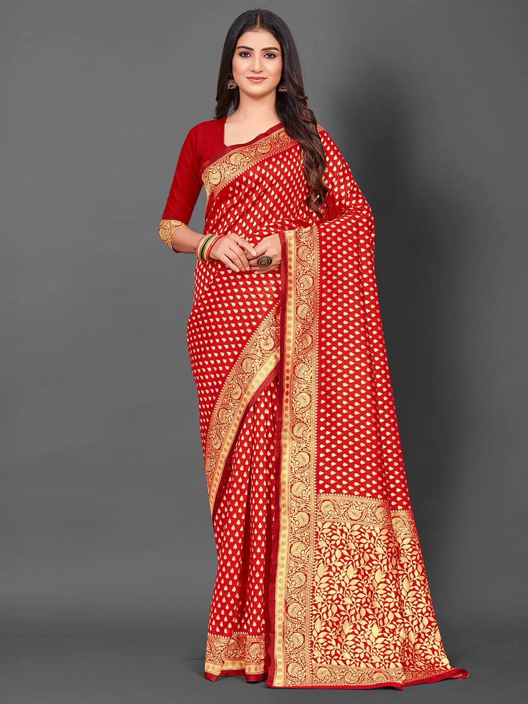 

Mitera Ethnic Motifs Woven Design Zari Silk Blend Kanjeevaram Saree, Red
