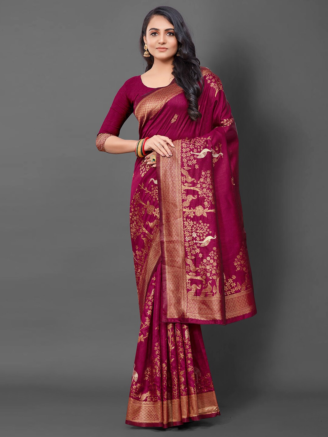 

Mitera Ethnic Motifs Woven Design Zari Silk Blend Banarasi Saree, Magenta