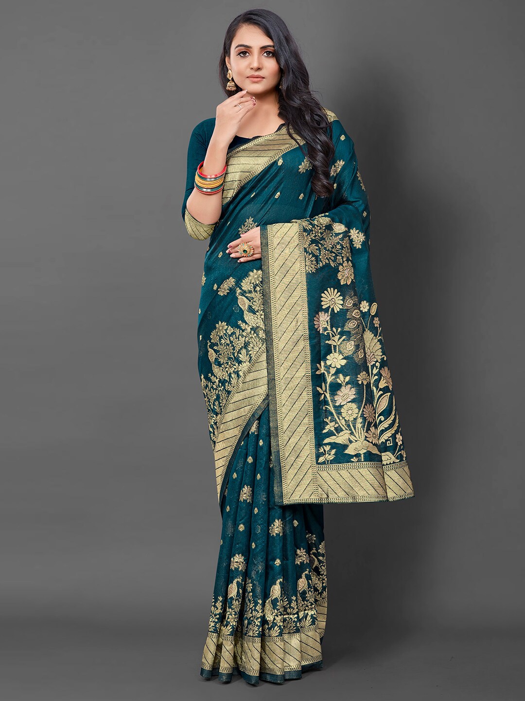 

Mitera Ethnic Motifs Woven Design Zari Silk Blend Banarasi Saree, Teal