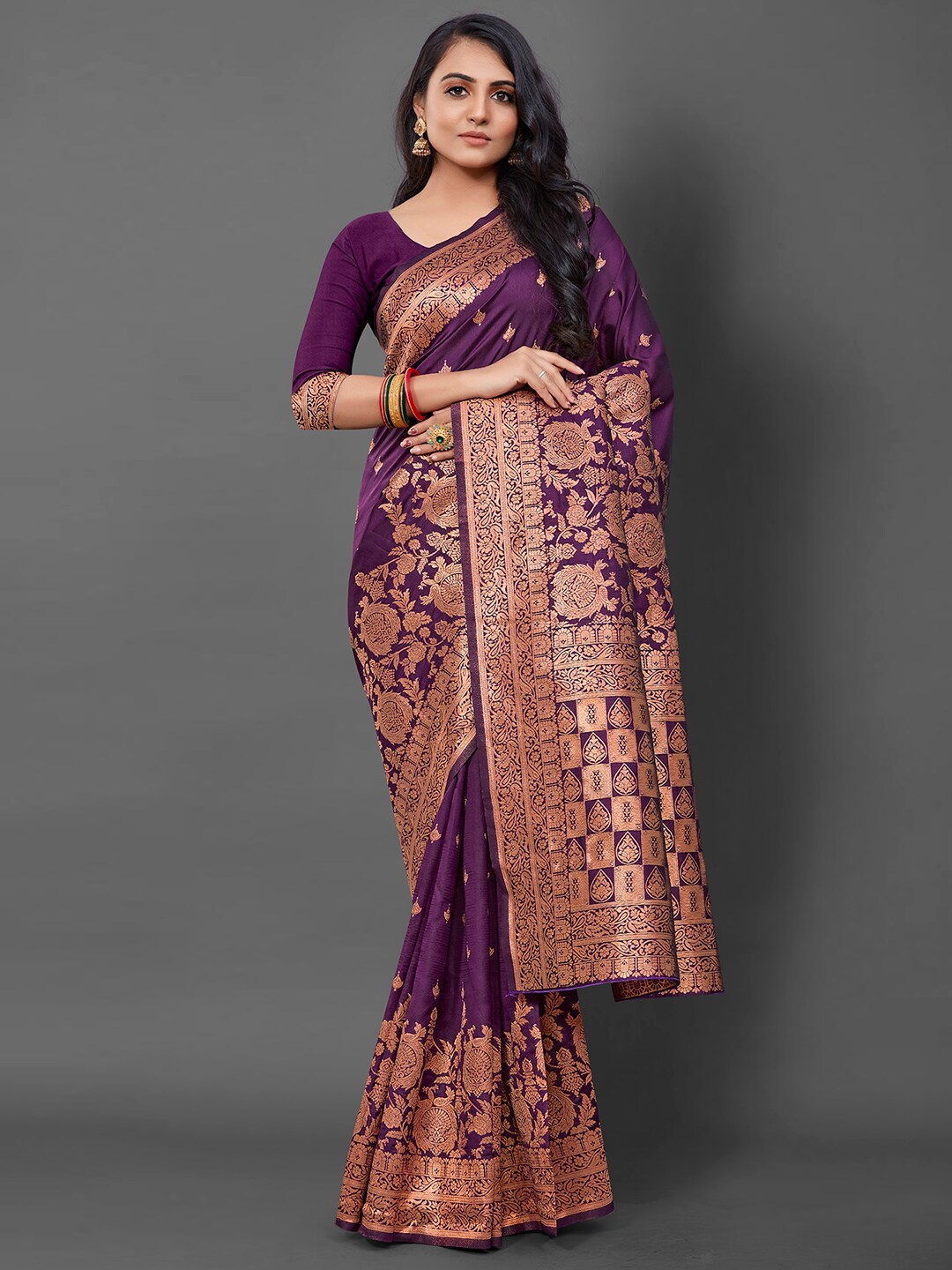 

Mitera Ethnic Motifs Woven Design Zari Silk Blend Banarasi Saree, Purple