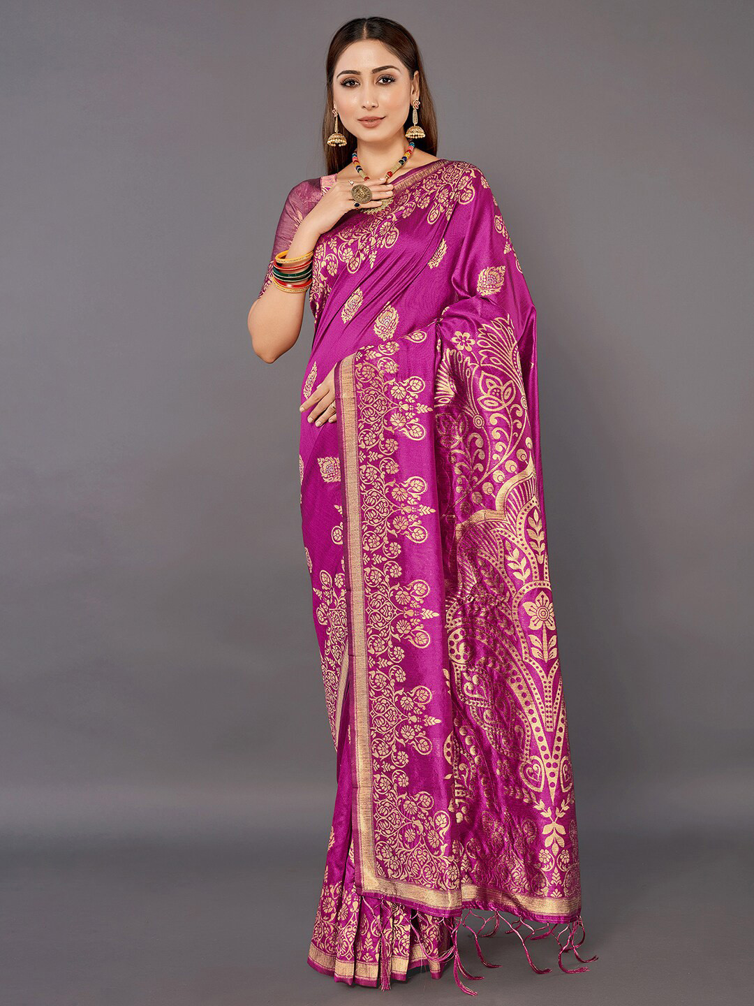 

Mitera Ethnic Motifs Woven Design Zari Silk Cotton Banarasi Saree, Purple