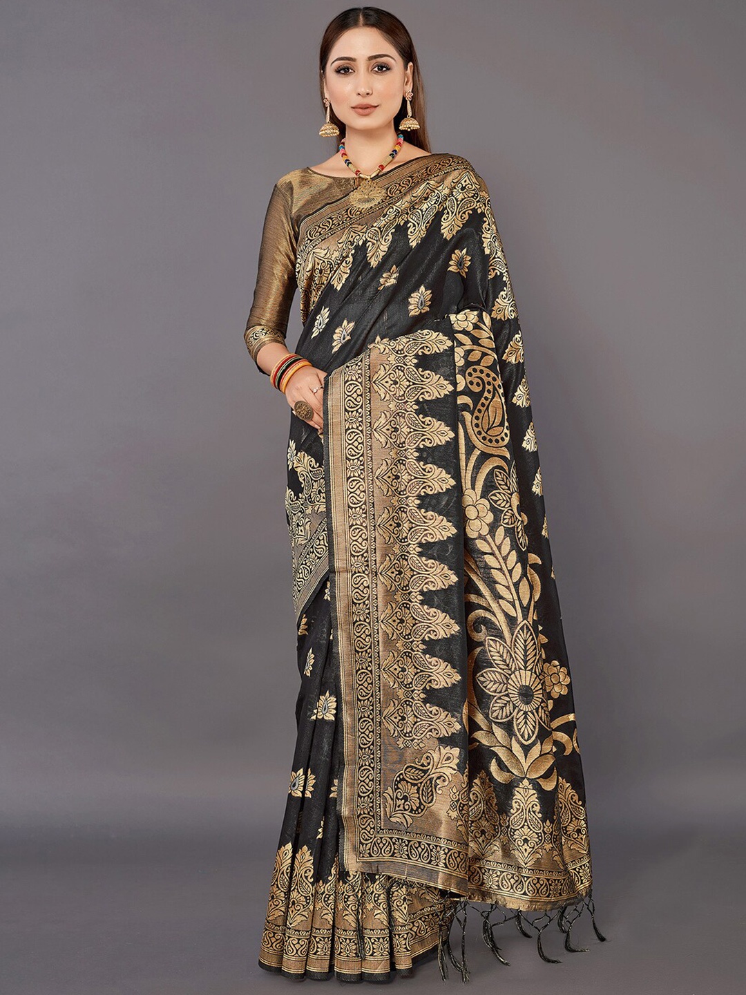

Mitera Ethnic Motifs Woven Design Zari Silk Cotton Banarasi Saree, Black