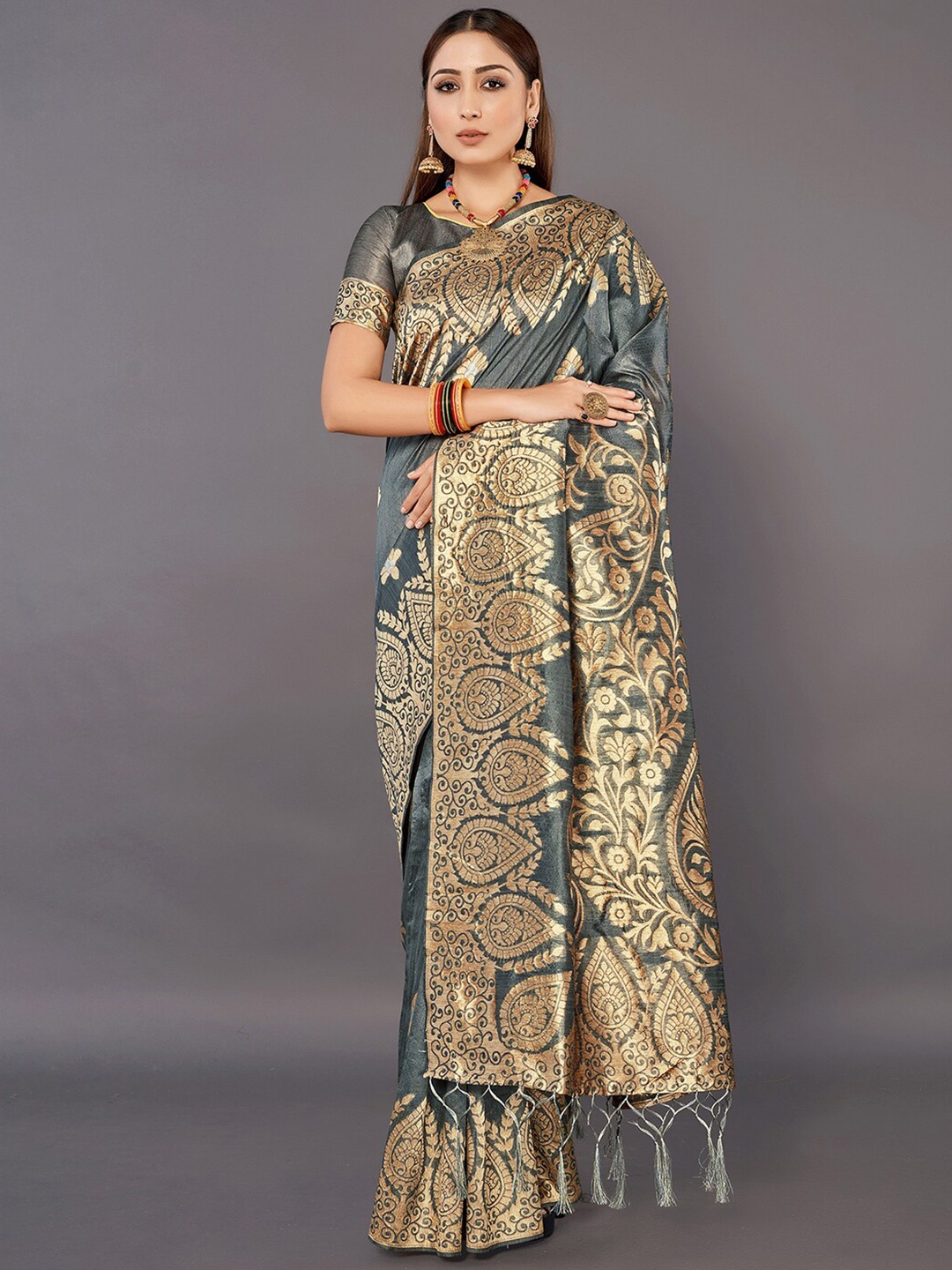 

Mitera Ethnic Motifs Woven Design Zari Silk Cotton Banarasi Saree, Grey