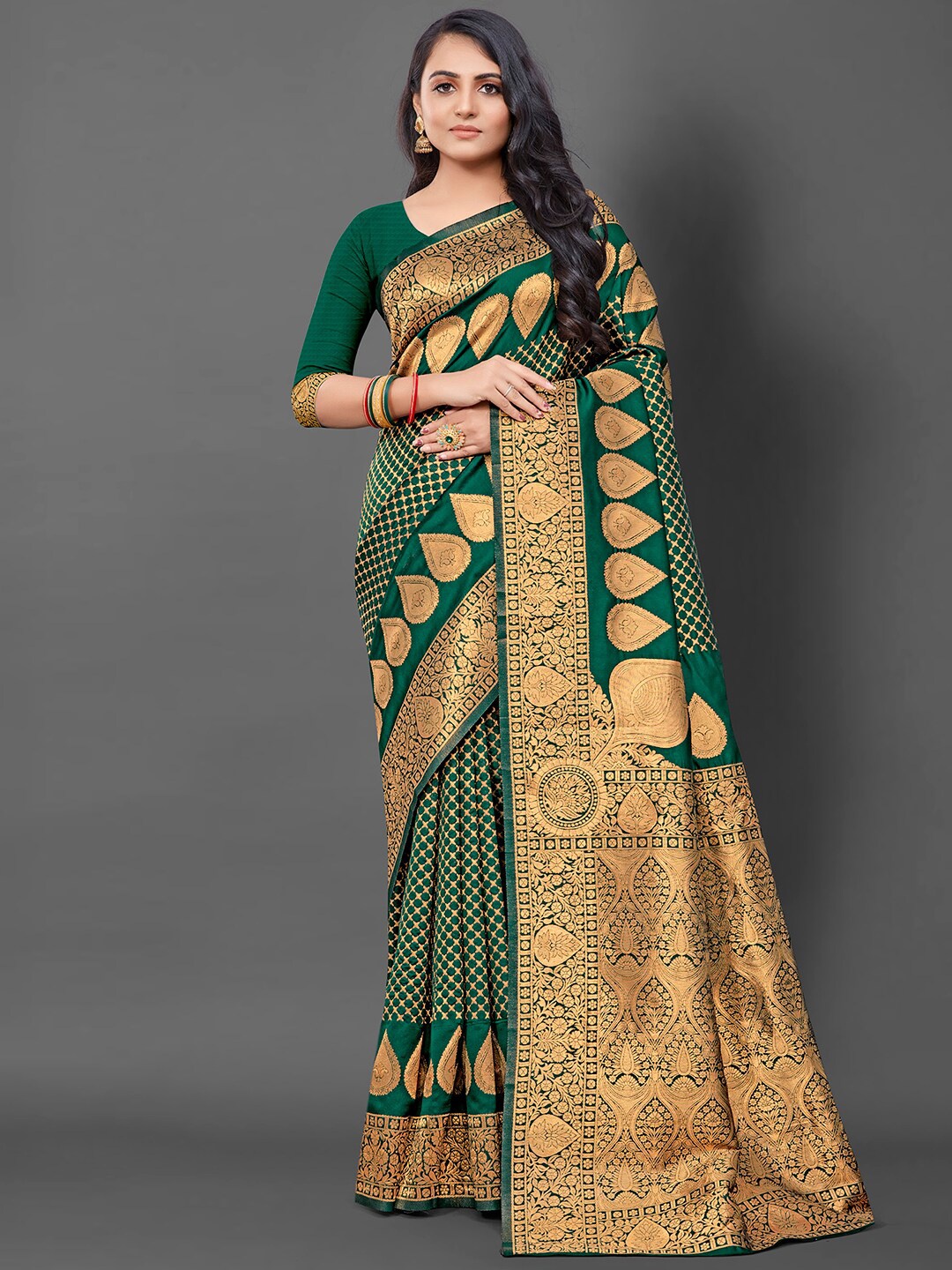 

Mitera Ethnic Motifs Woven Design Zari Silk Blend Banarasi Saree, Green