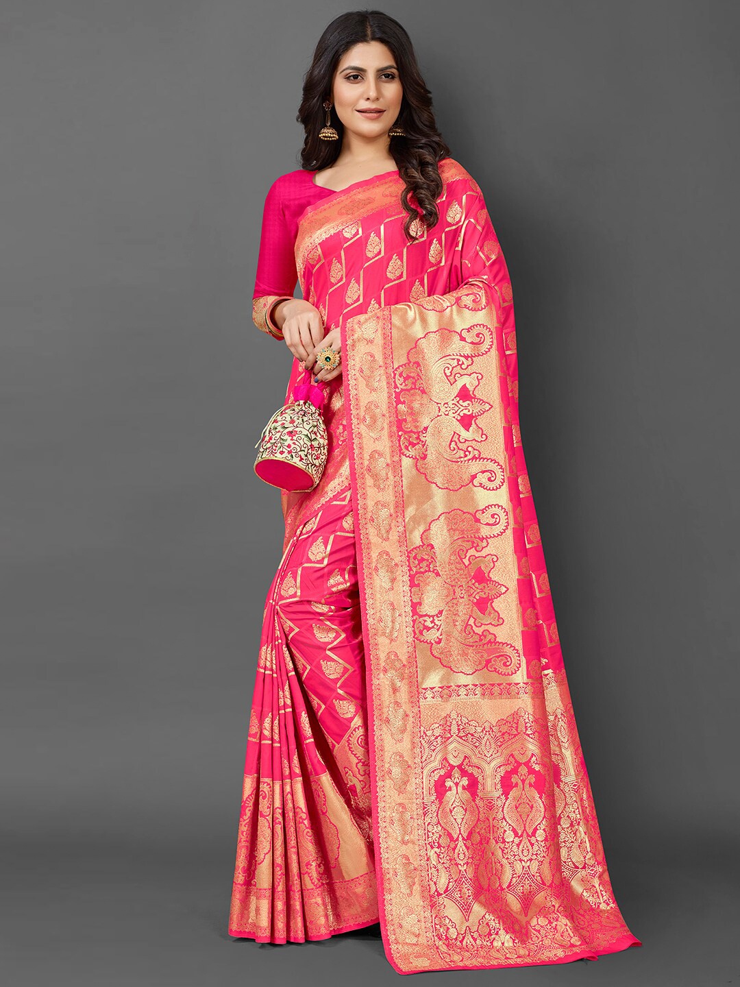 

Mitera Ethnic Motifs Woven Design Zari Silk Blend Kanjeevaram Saree, Pink