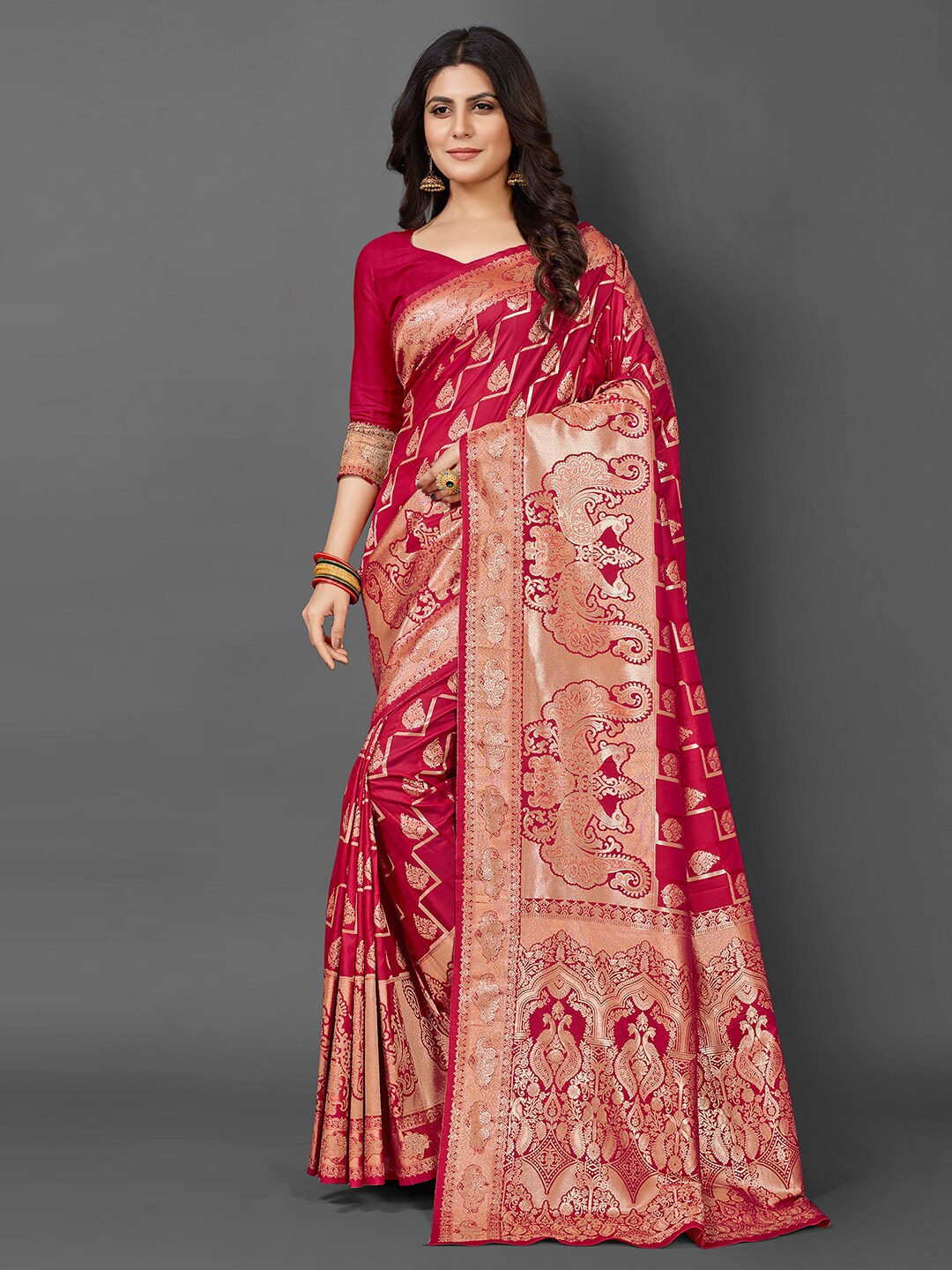 

Mitera Ethnic Motifs Woven Design Zari Silk Blend Kanjeevaram Saree, Pink