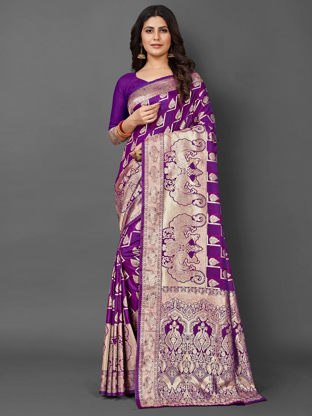 

Mitera Ethnic Motifs Woven Design Zari Silk Blend Kanjeevaram Saree, Purple