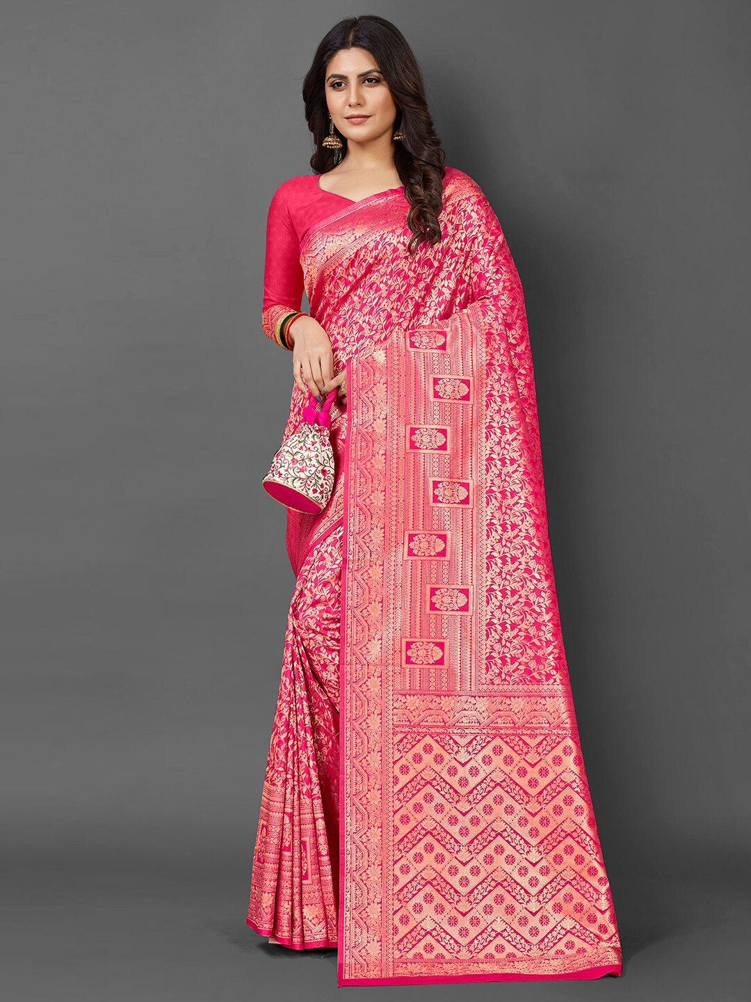 

Mitera Ethnic Motifs Woven Design Zari Silk Blend Kanjeevaram Saree, Pink