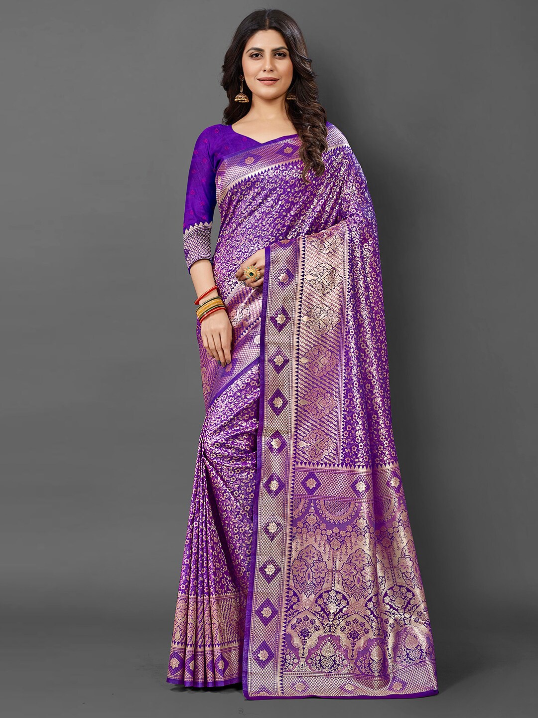 

Mitera Ethnic Motifs Woven Design Zari Silk Blend Kanjeevaram Saree, Purple