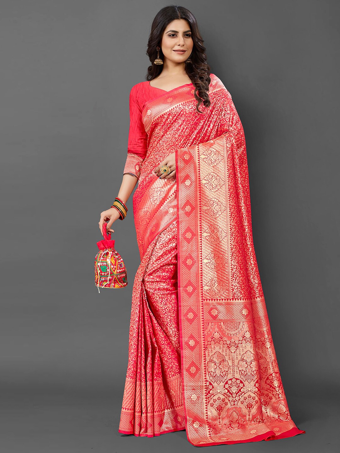 

Mitera Floral Woven Design Zari Silk Blend Kanjeevaram Saree, Pink