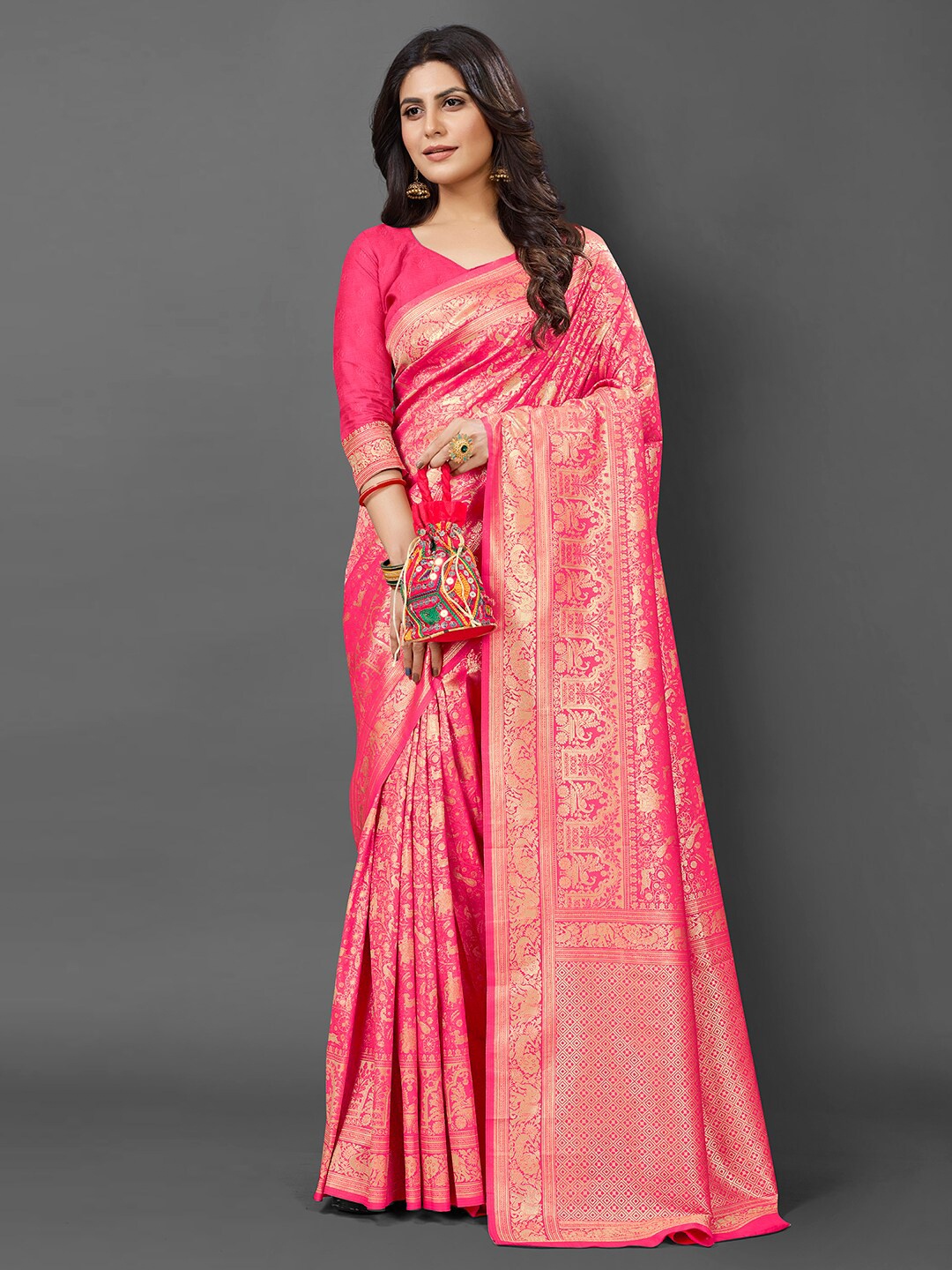 

Mitera Ethnic Motifs Woven Design Zari Silk Blend Kanjeevaram Saree, Pink