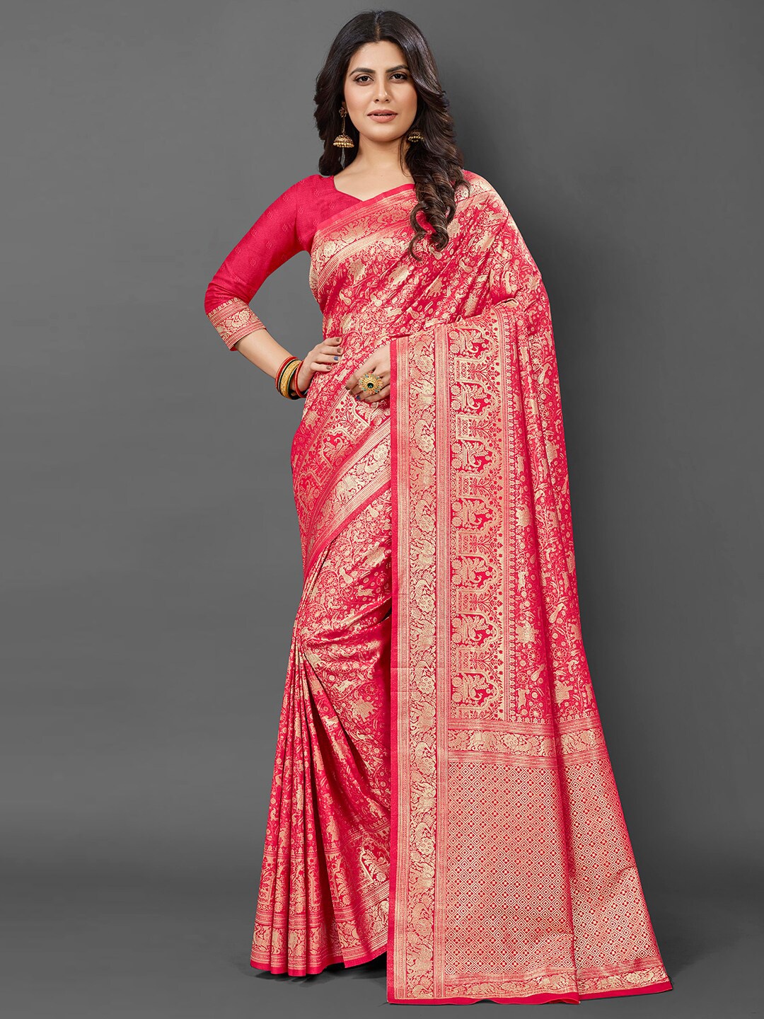 

Mitera Ethnic Motifs Woven Design Zari Silk Blend Kanjeevaram Saree, Pink