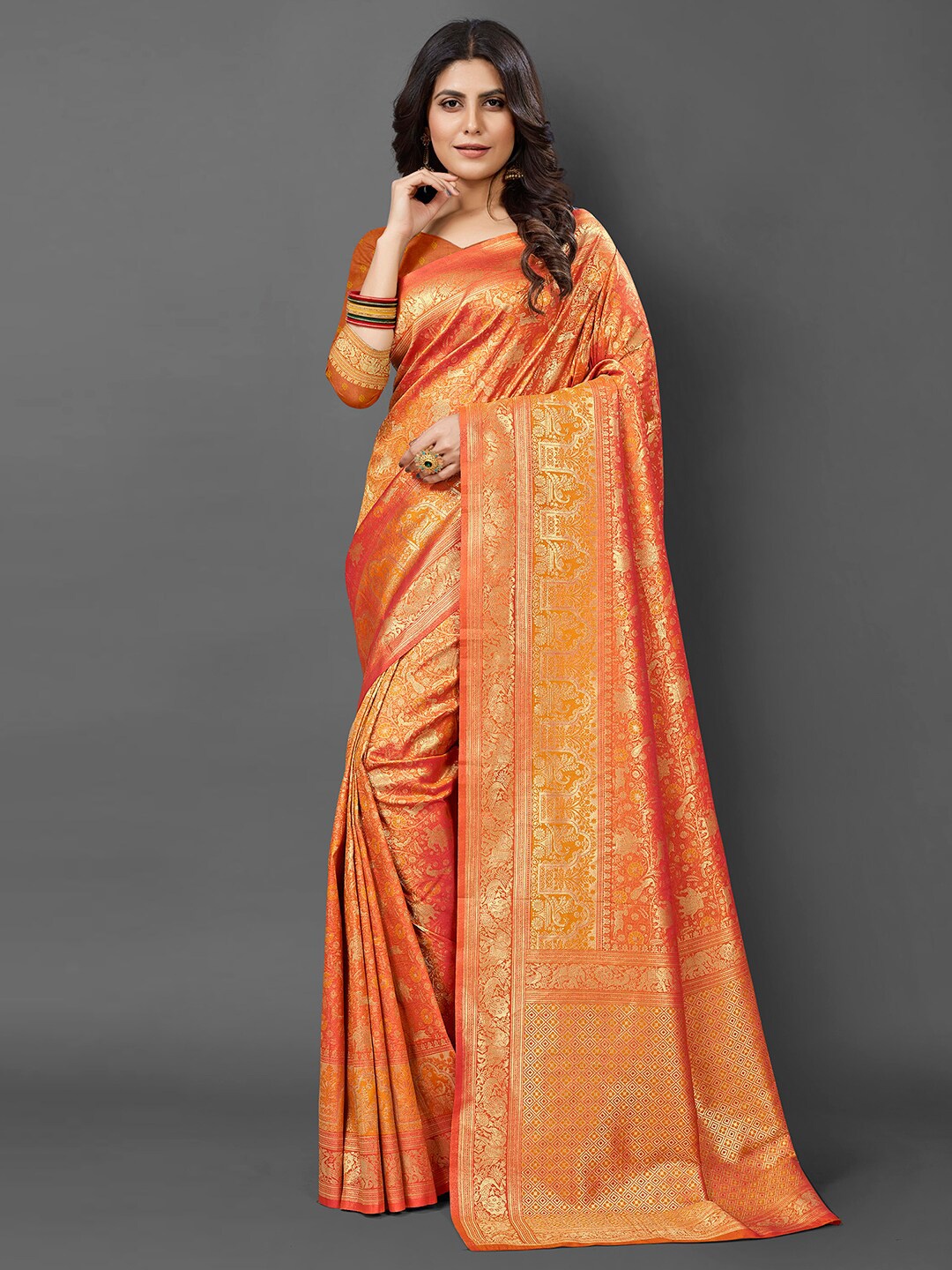 

Mitera Ethnic Motifs Woven Design Zari Kanjeevaram Saree, Orange