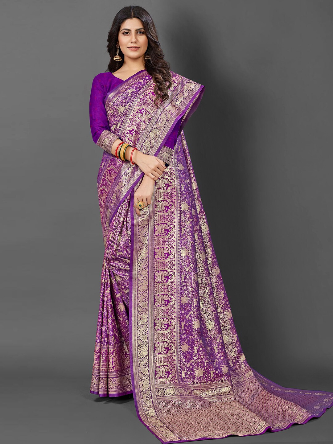 

Mitera Ethnic Motifs Woven Design Zari Kanjeevaram Saree, Purple