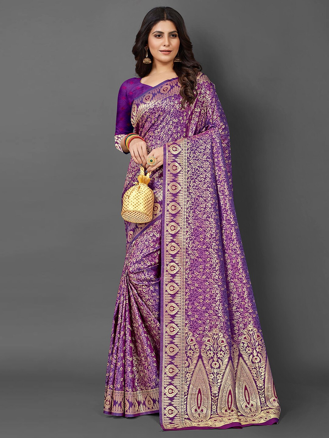 

Mitera Ethnic Motifs Woven Design Zari Silk Blend Kanjeevaram Saree, Purple