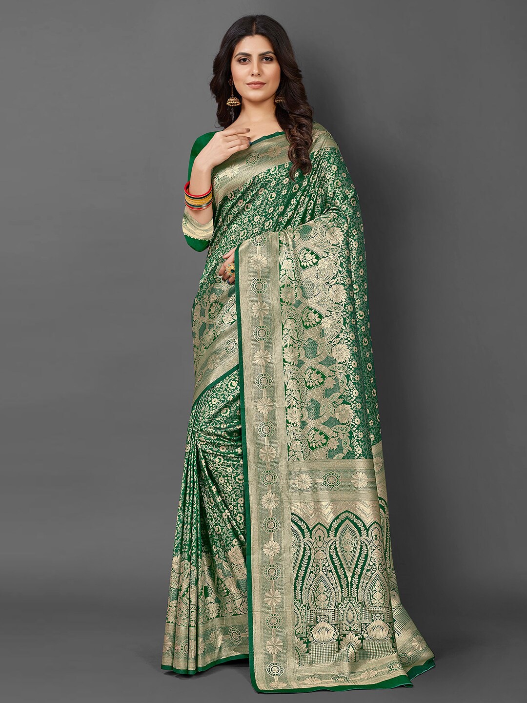 

Mitera Ethnic Motifs Woven Design Zari Kanjeevaram Saree, Green